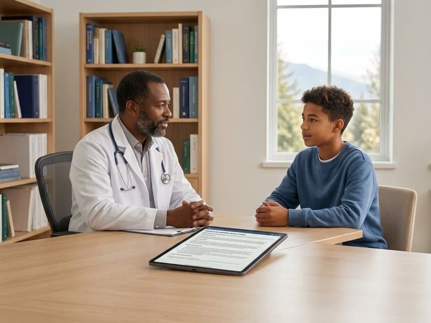 A clinician in a white coat talking with a teenage boy across a table